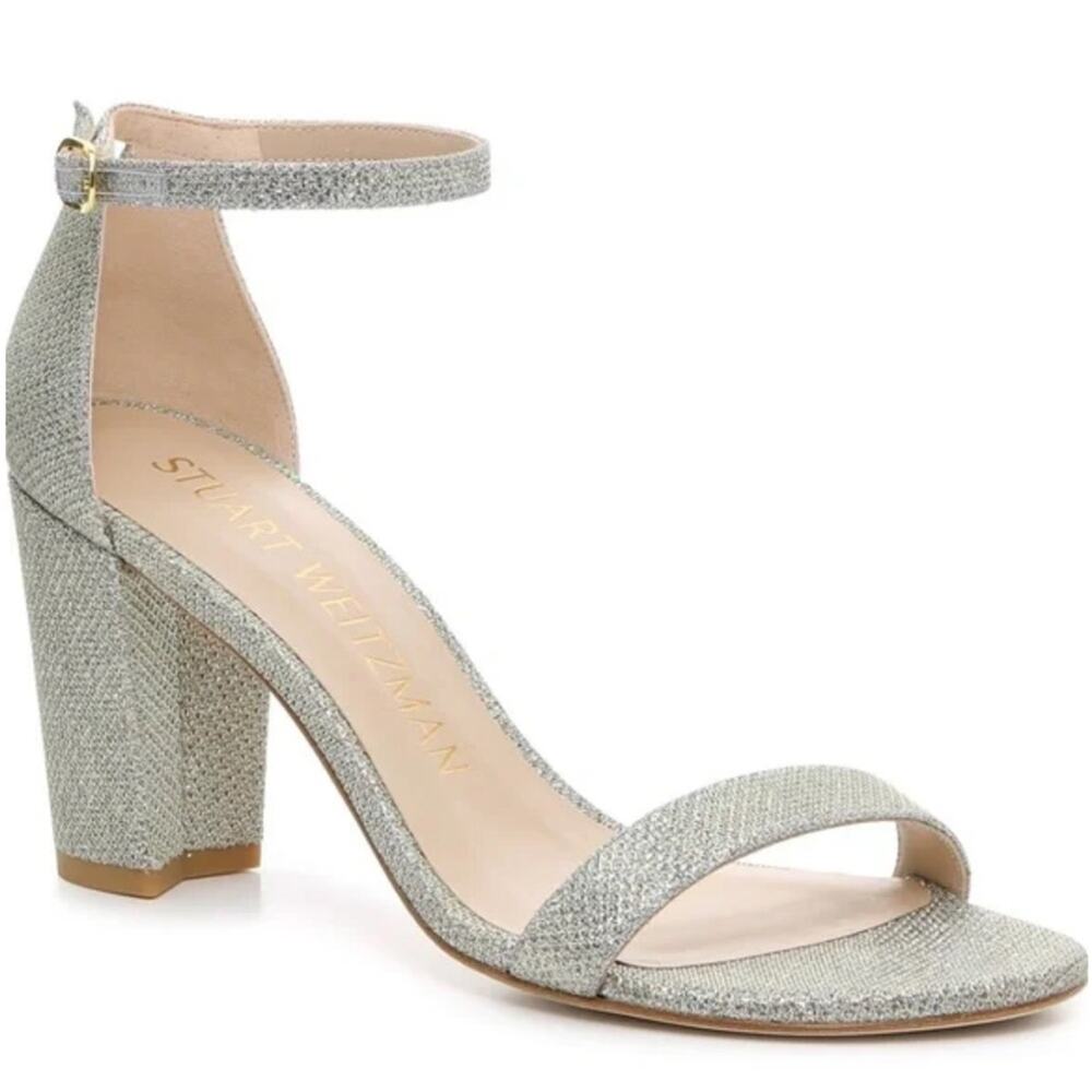 NEW STUART WEITZMAN Nearly Nude Silver Sparkle Tan Sandal $595 Heels Shoes 7.5